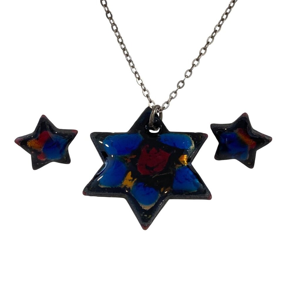 Vintage Ecco Sterling Star-Shaped Enamel Pendant Necklace & Earrings Set With Ha